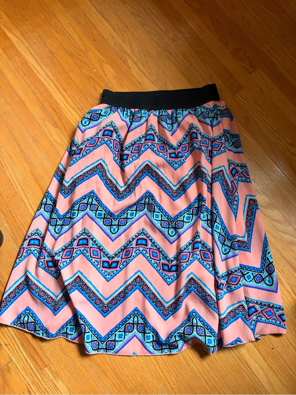 LuLaRoe Pink Chevron Print A-Line Skirt with Blue & Purple Accents